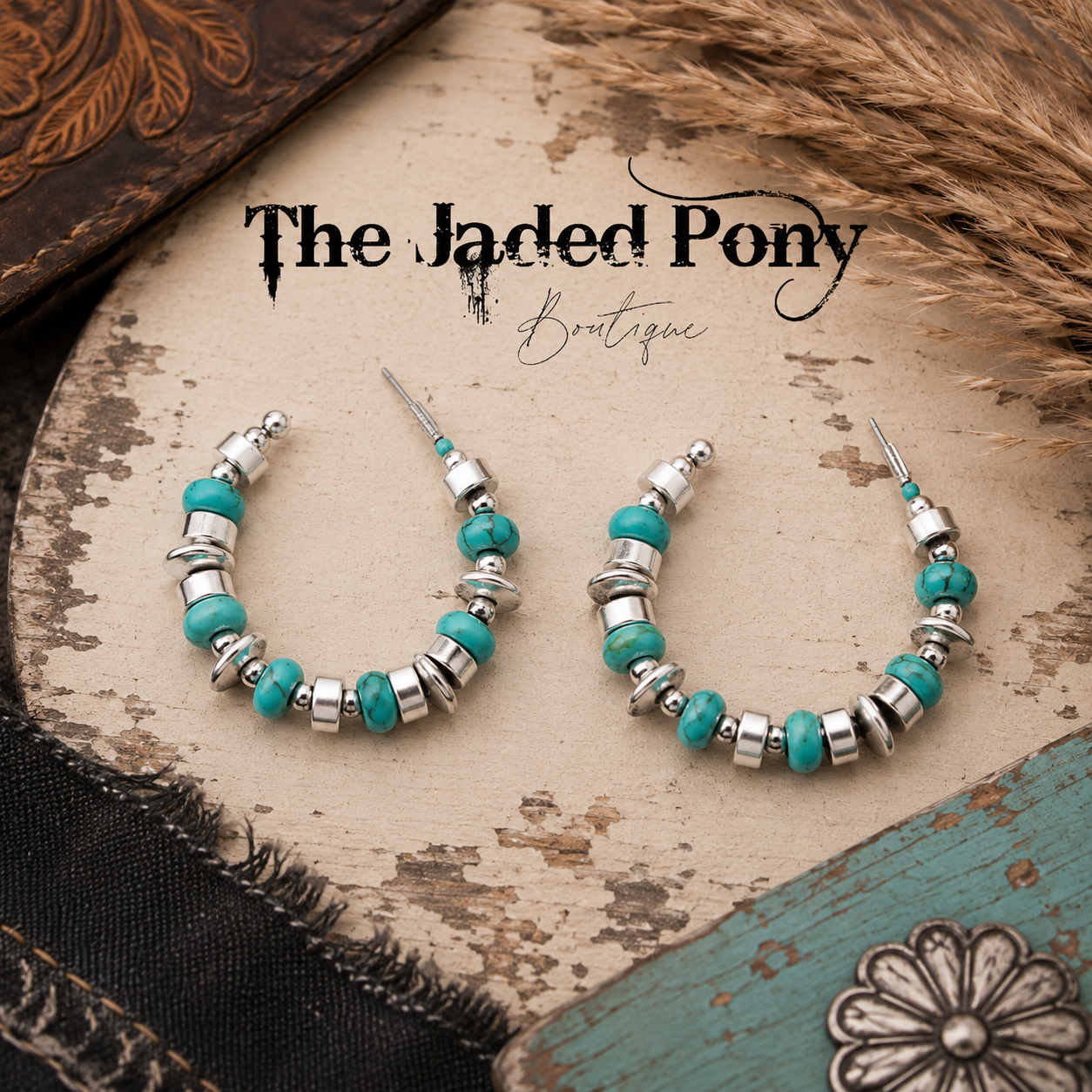 Turquoise & Silver Beaded Hoop Earrings
