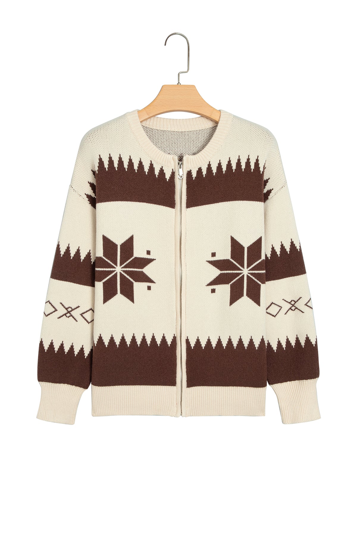 Beige Western Geometric Zip-Front Sweater Cardigan — S–XL