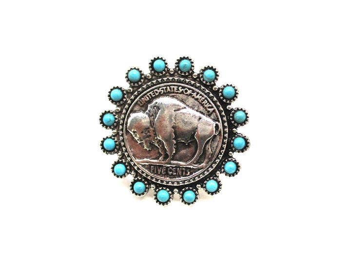 Western Turquoise Stone Buffalo Coin Cuff Ring