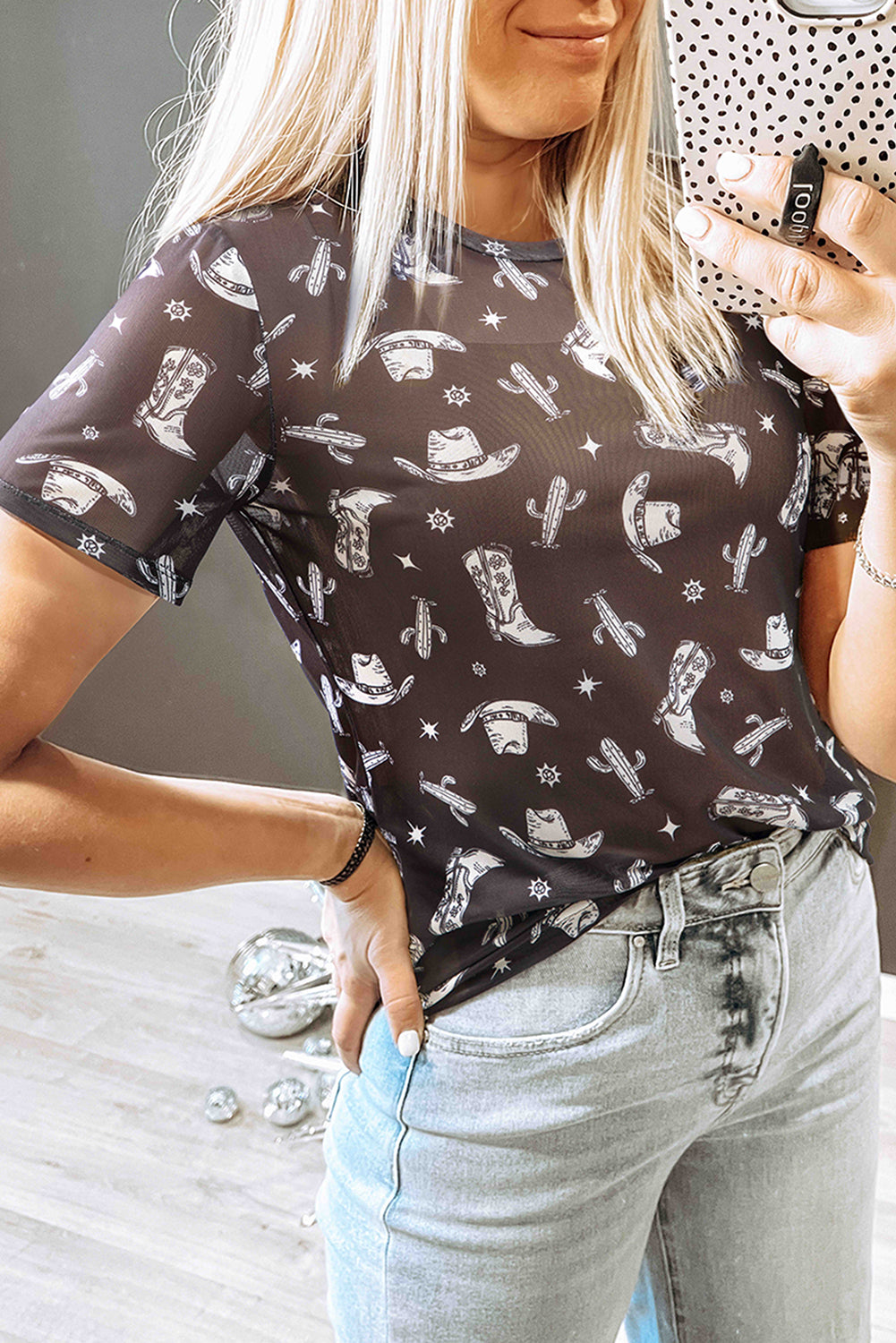Western Pattern Mesh Sheer Crew Neck T Shirt