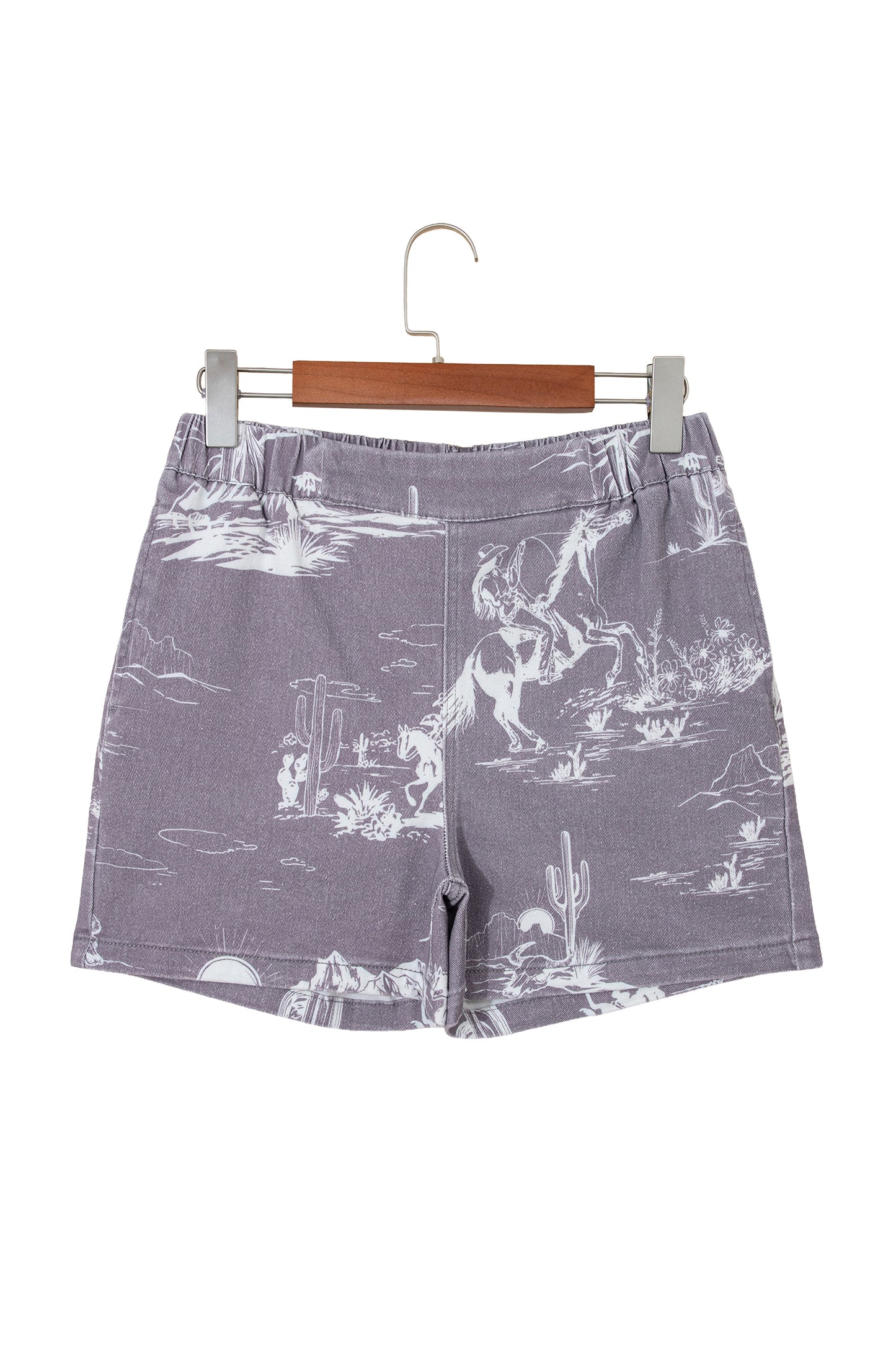 Gray Western Print Elastic Waist Cotton Denim Shorts