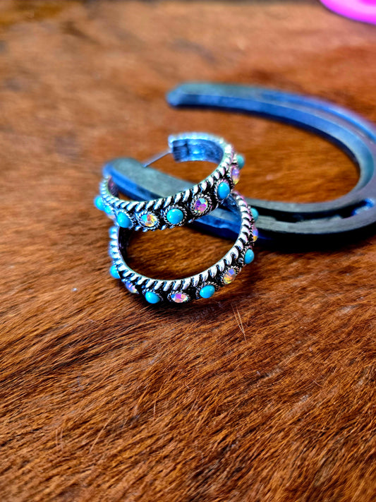 WESTERN SPARKLE TURQUOISE & IRIDESCENT CRYSTAL HOOP EARRINGS