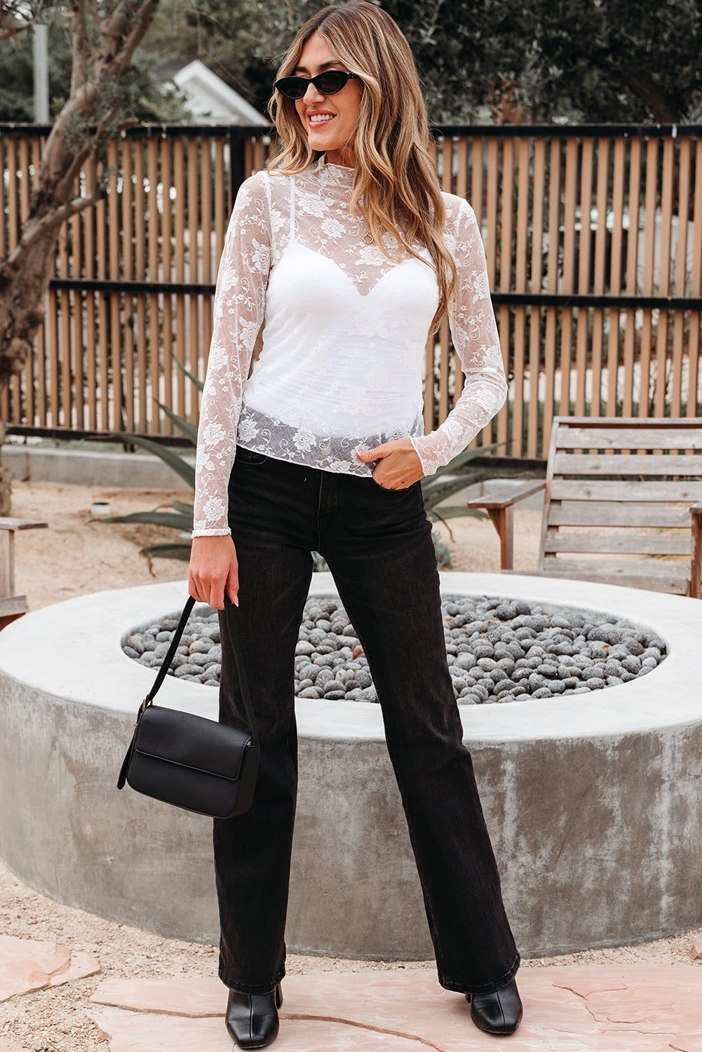 White Sheer Floral Lace Mesh Mock Neck Long Sleeve