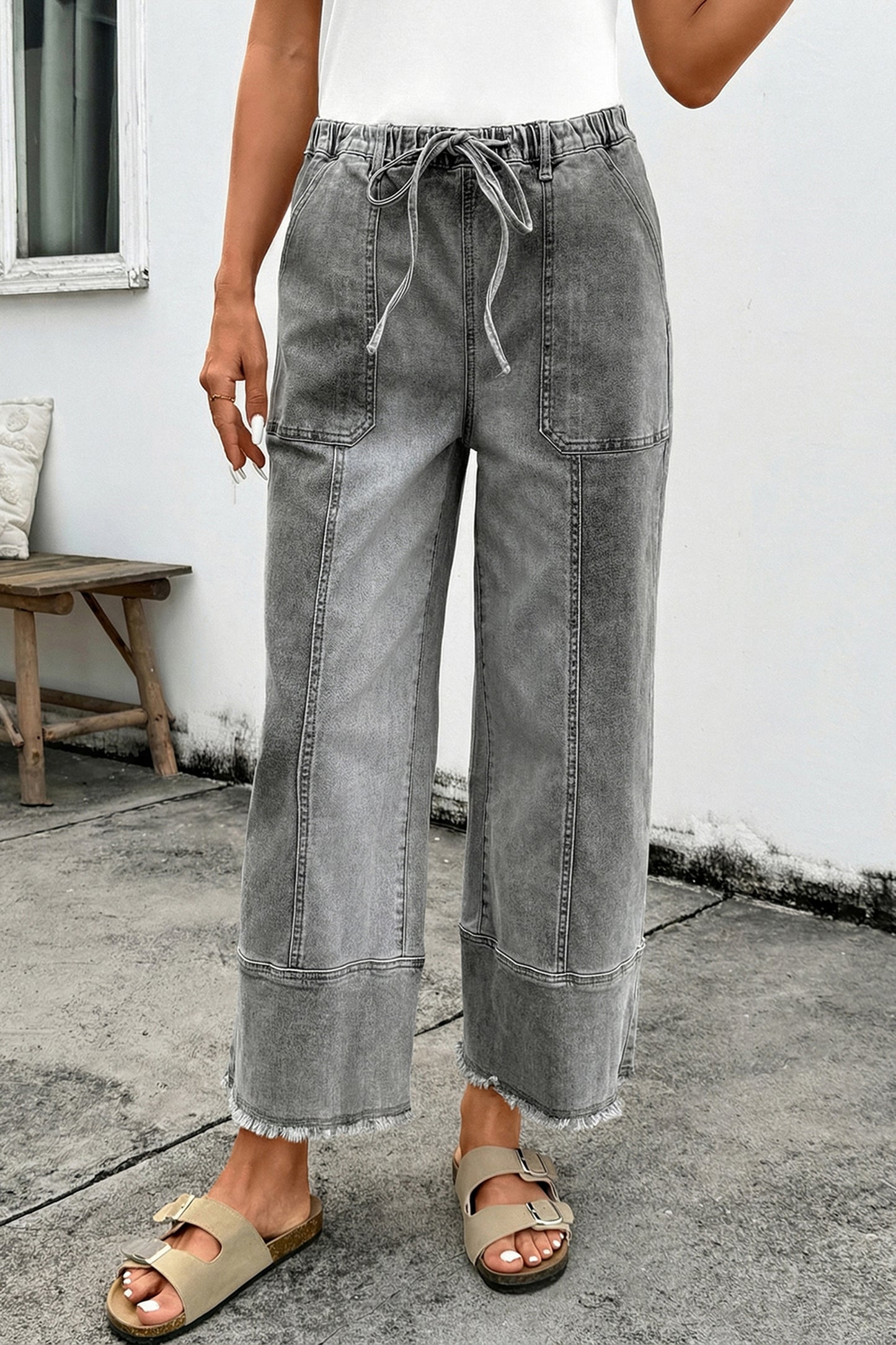 Drawstring Wide Leg Denim Pants in Blue and Gray