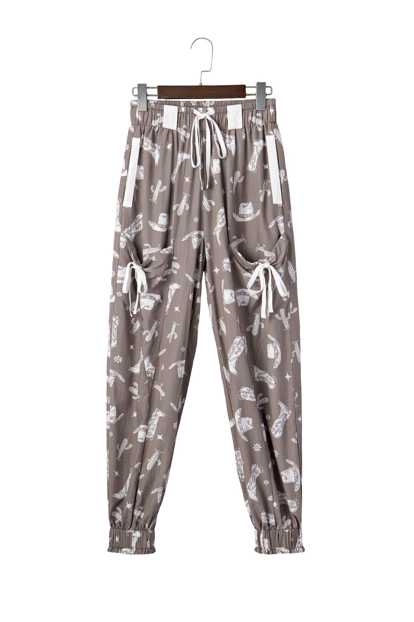 Khaki Western Print Drawstring Jogger Pants