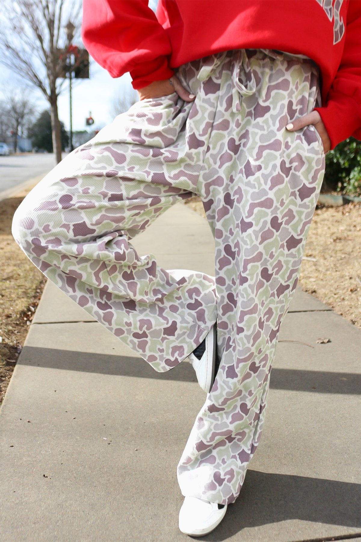 Green Camo Print Drawstring Loose Fit Full Length Pants