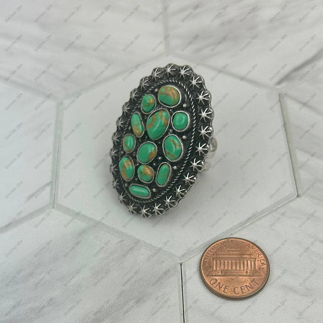 RGY250622-04 Silver metal with green turquoise stone oval Ring