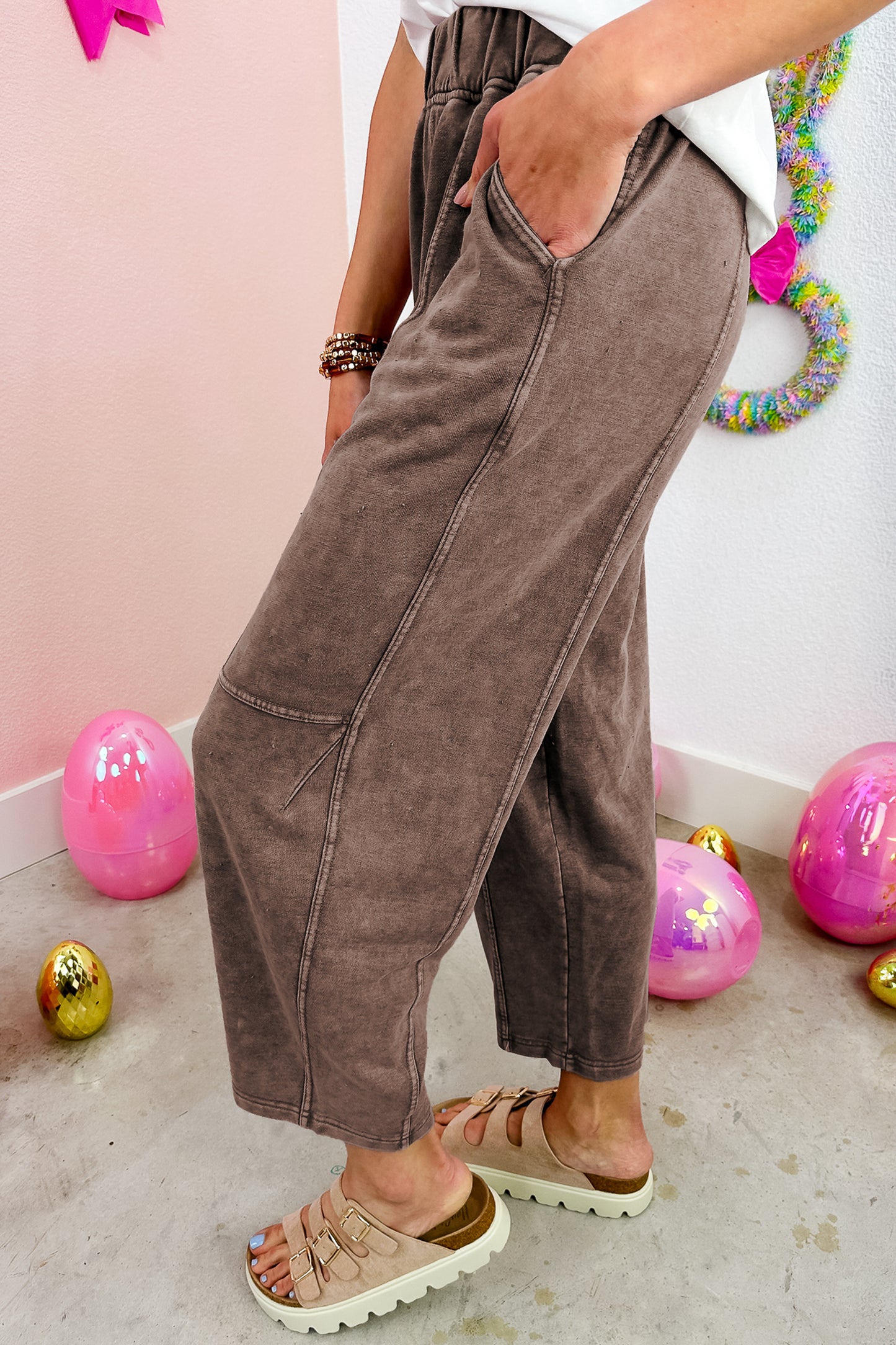 Coffee Mineral Wash Elastic Waist Barrel Pants