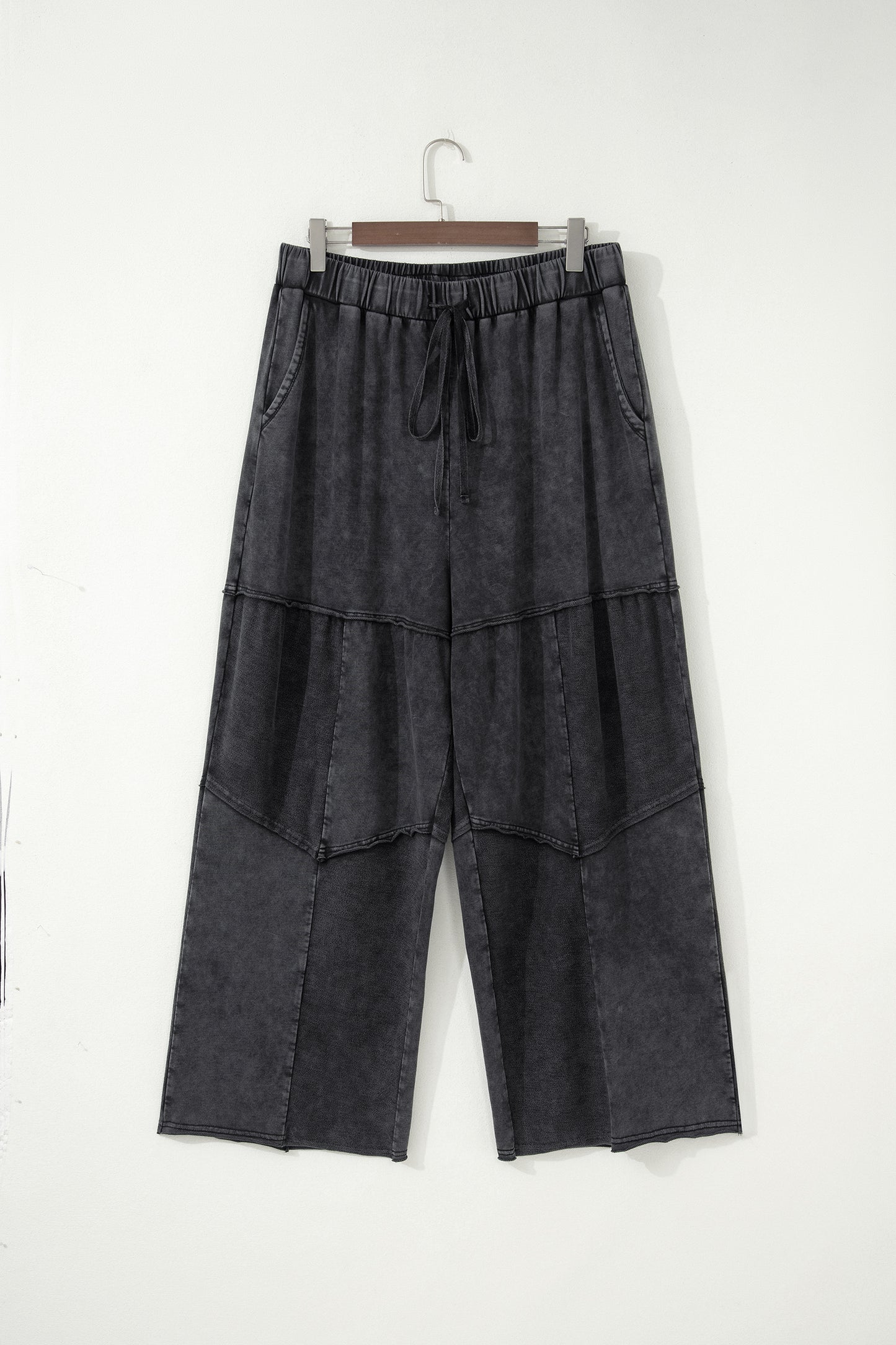 Black Mineral Wash Exposed Seam Drawstring Loose Pants 1X–4X
