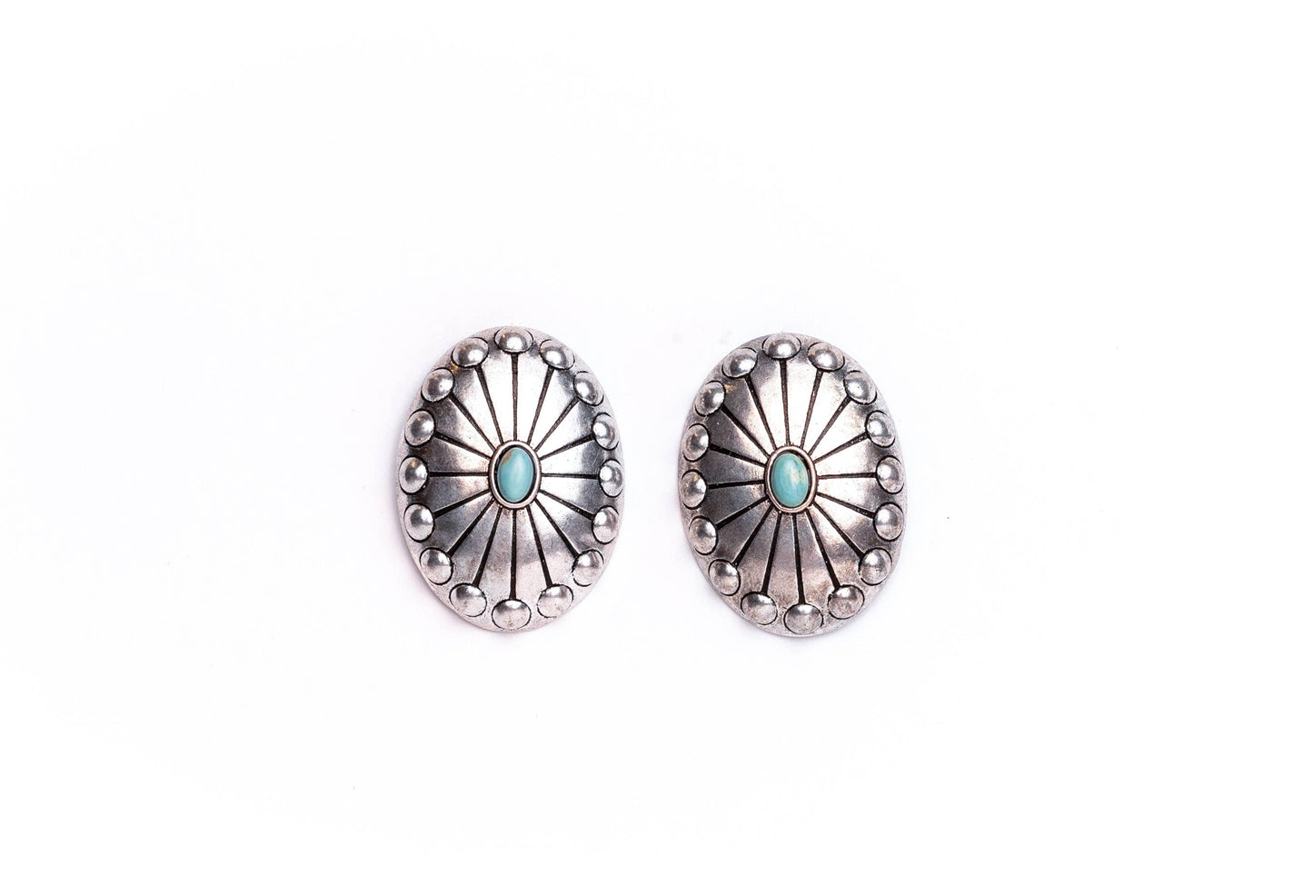 Burnished Silver Studded Concho Earring w/ Turquoise Accent