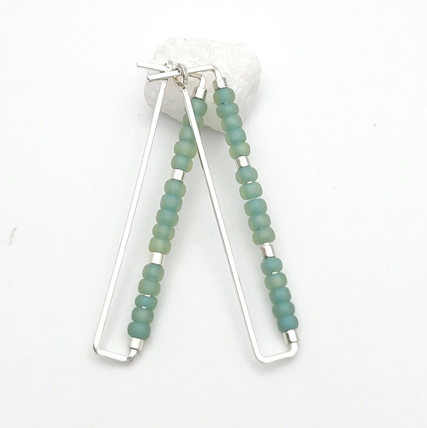 Rectangle Silver Earrings with Sea Glass Color Seed Beads