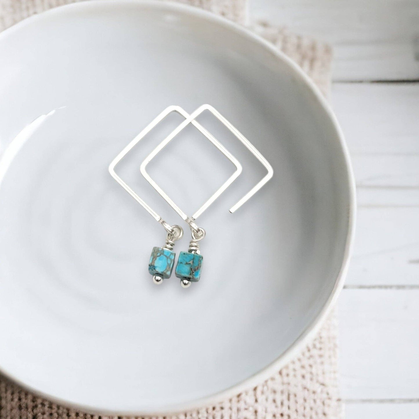 Sterling Silver Square Threader Earrings with Turquoise