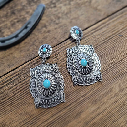 Burnished Silvertone Turquoise Maverick Earring