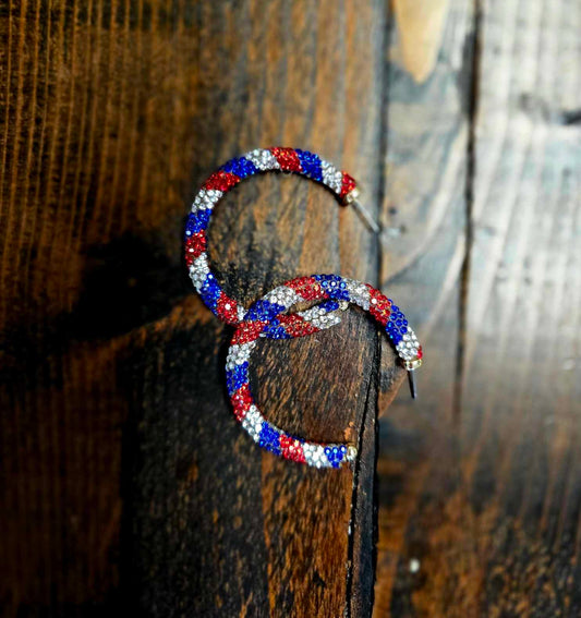 RED, WHITE AND BLUE CRYSTAL HOOP EARRINGS