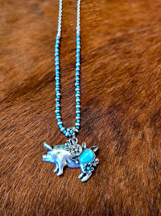 TURQUOISE HOG-TOWN SILVERTONE NECKLACE
