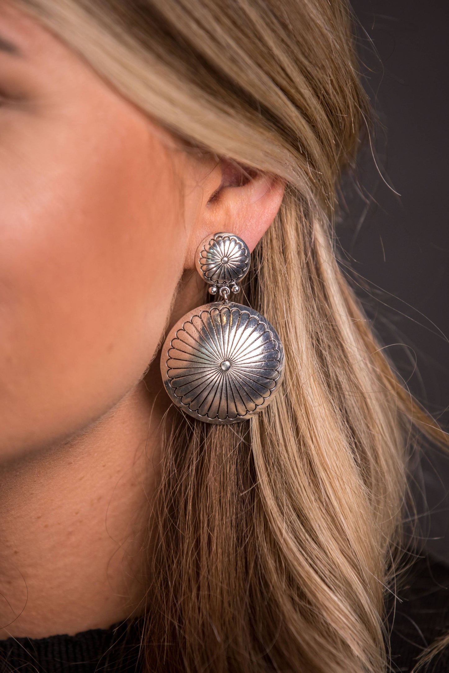 Burnished Silver Round Double Concho Earring