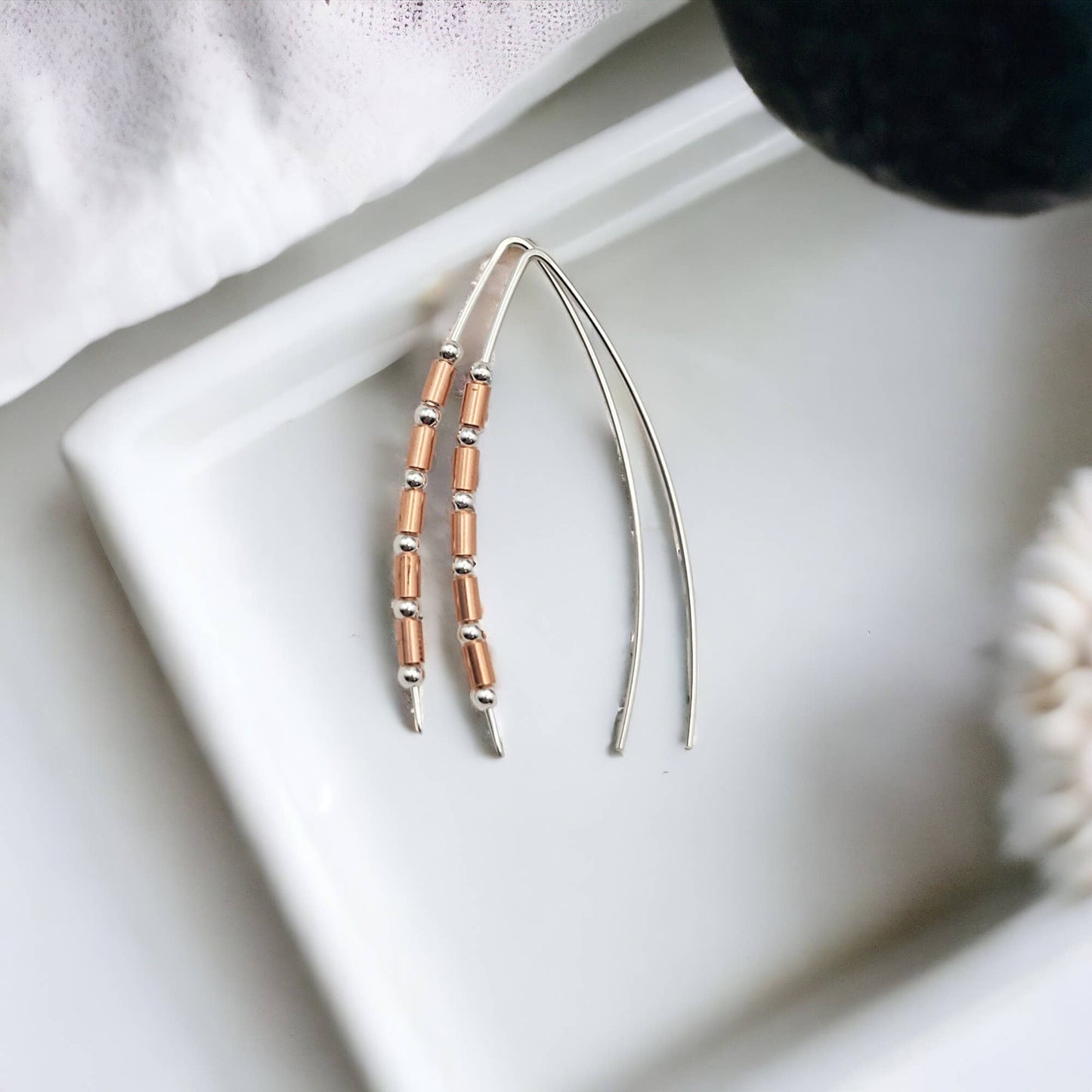Sterling Silver and Copper Beaded Wishbone Earrings