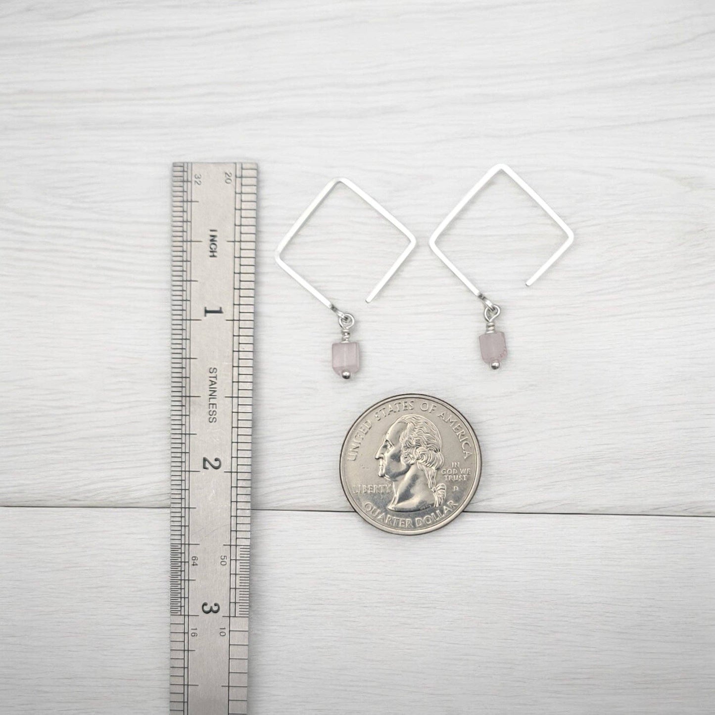 Modern Geometric Square Threader Earrings with Rose Quartz