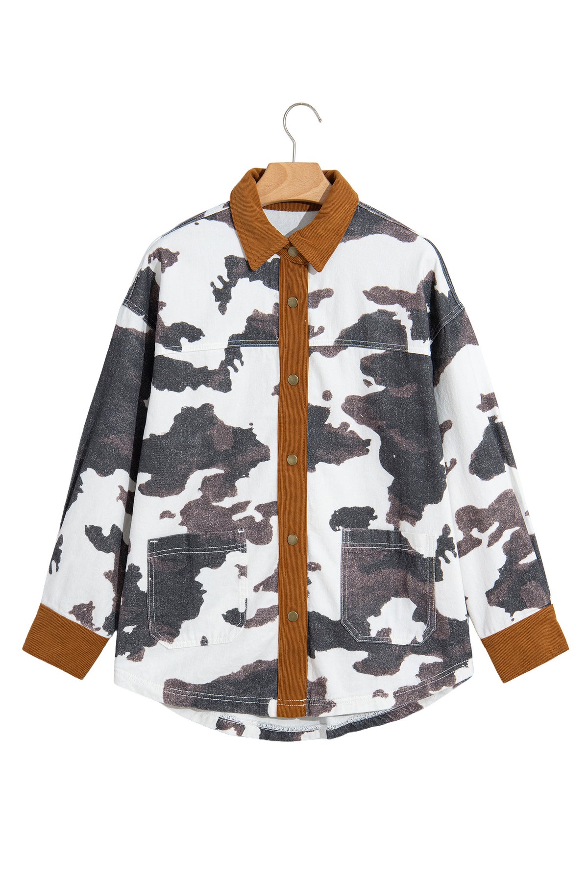 Western Cow Print Corduroy-Trim Denim Jacket