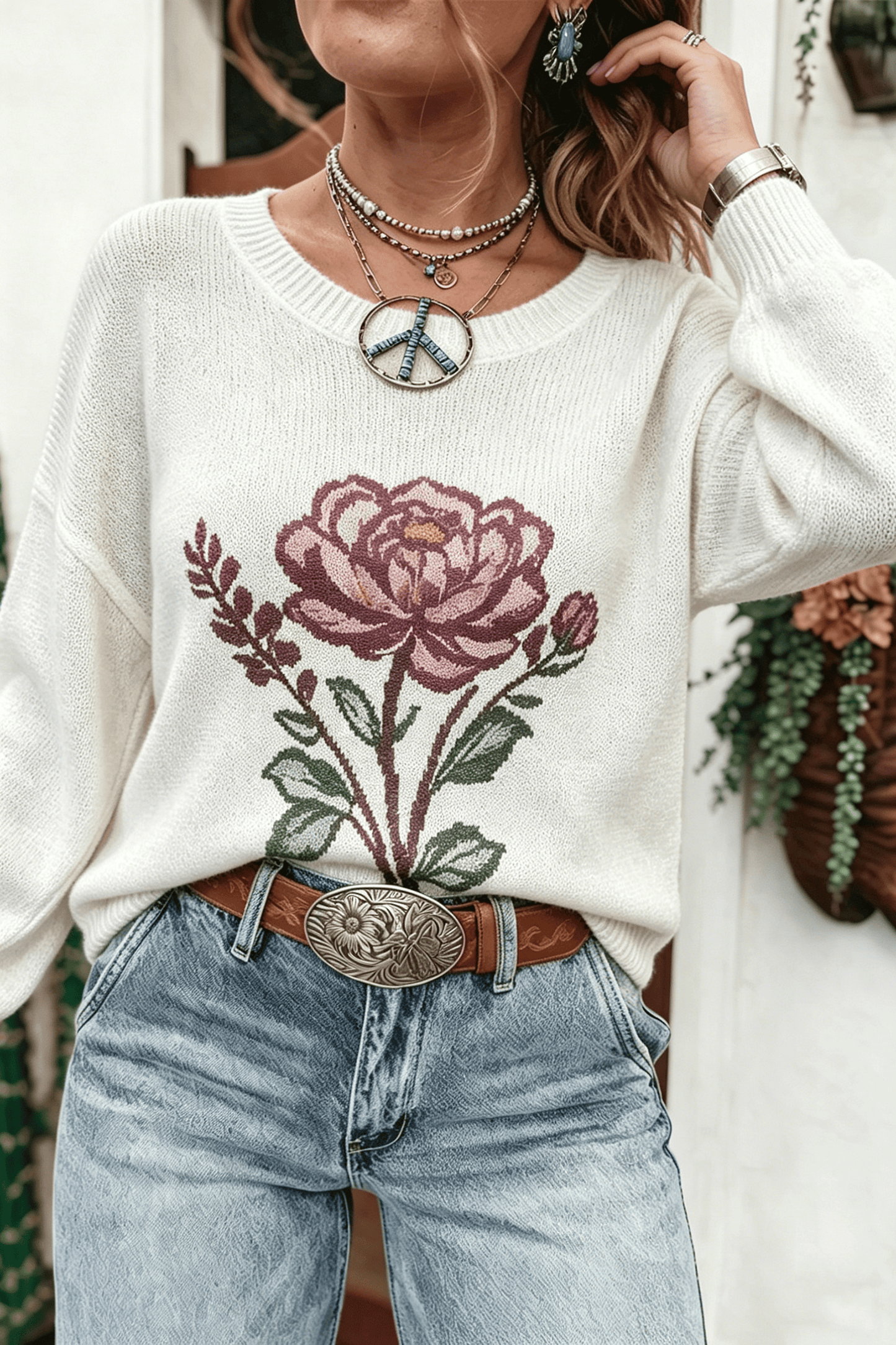 White Western Floral Dropped Shoulder Lightweight Knit Sweater
