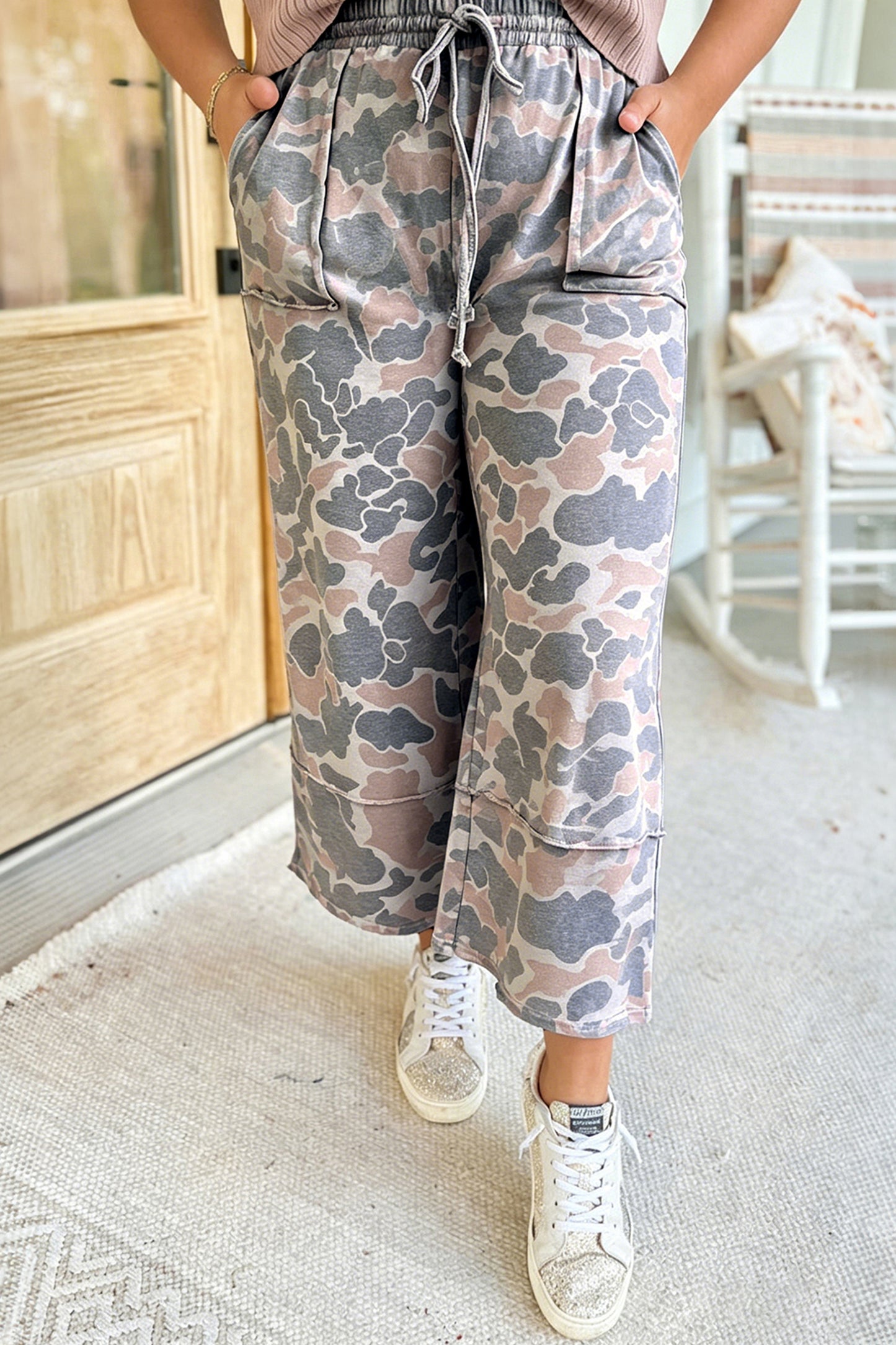 Khaki Camouflage Print Patch Pockets Ankle-Length Plus Size Pants