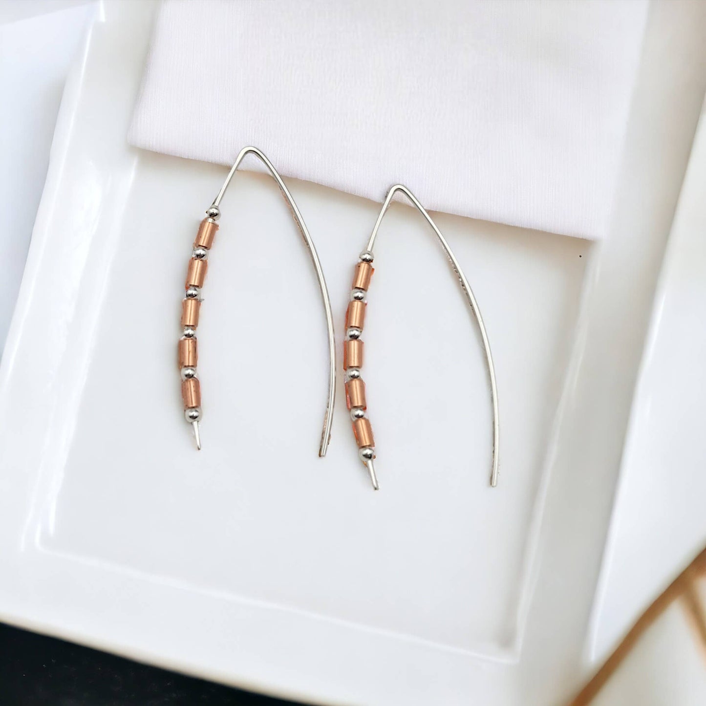 Sterling Silver and Copper Beaded Wishbone Earrings