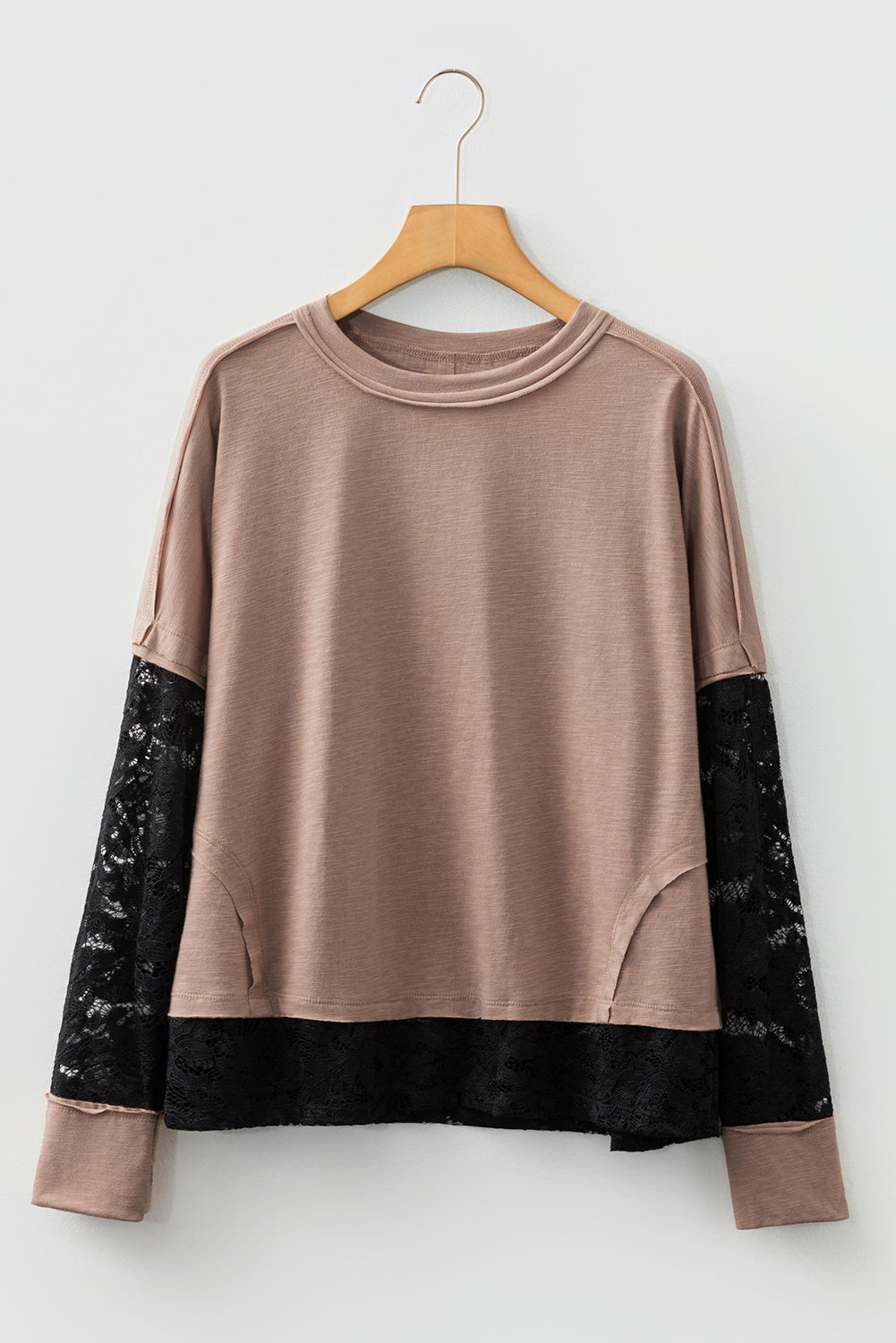 Sheer Lace Patchwork Long Sleeve Tee in Dark and Light Brown