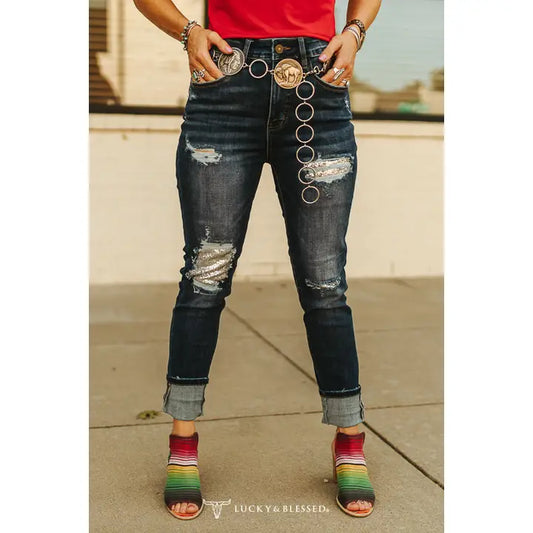 Mid Wash Tummy Control Skinny Jeans W Sequin Patch