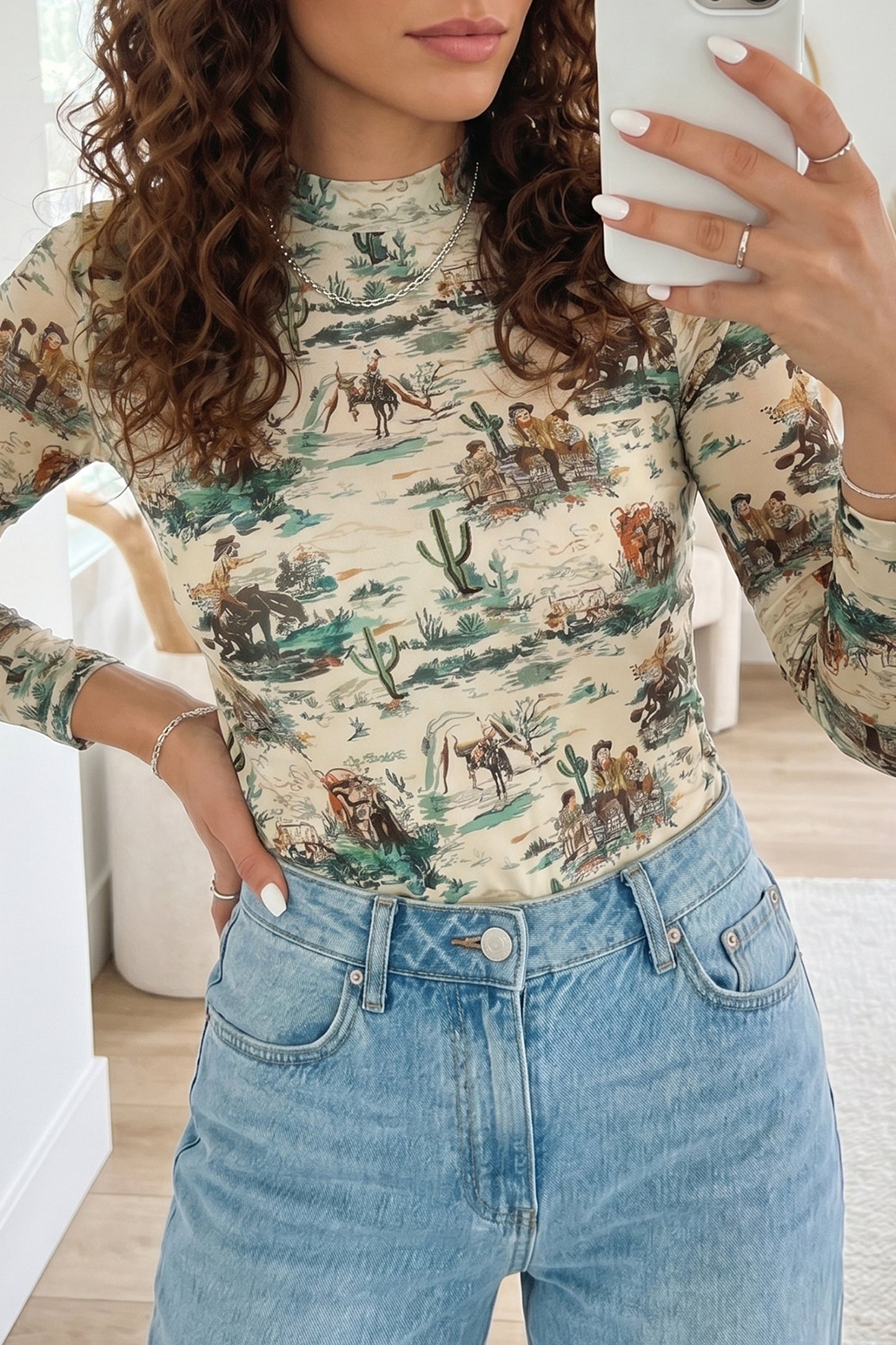 Green Western Print Mesh Long Sleeve Fitted Top
