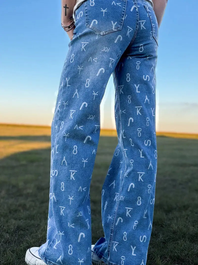 PRE ORDER Sterling Kreek Ranch House High-Rise Wide-Leg Brand Print Jeans — Sizes 1/2–19/20