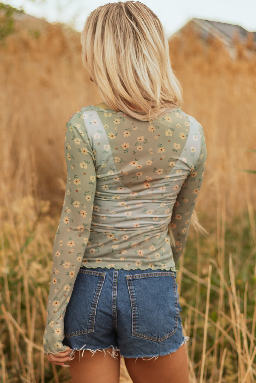 Vintage Floral Print Mesh Long Sleeve Top