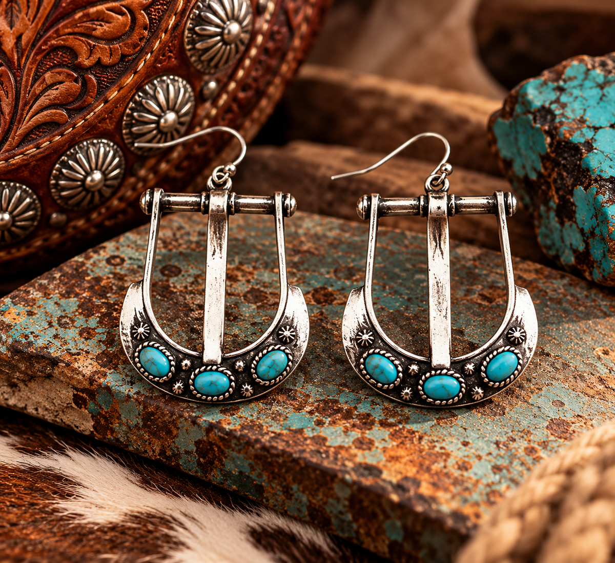 Western Turquoise Belt Buckle Dangle Earrings