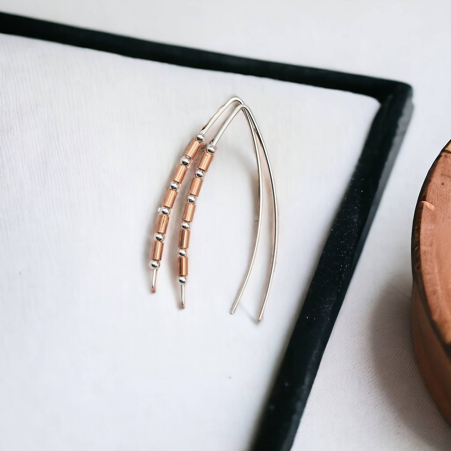 Sterling Silver and Copper Beaded Wishbone Earrings