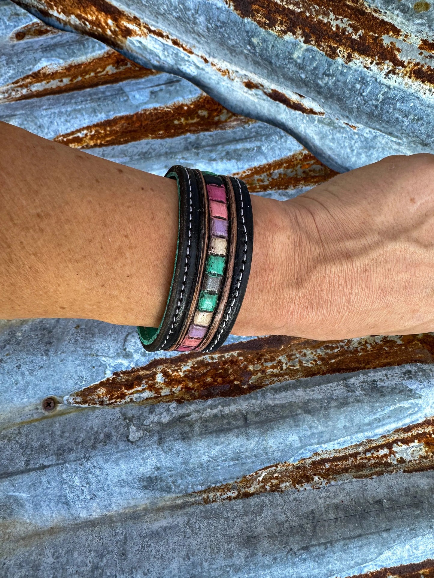 Beaded Turquoise Tooled Leather Cuff