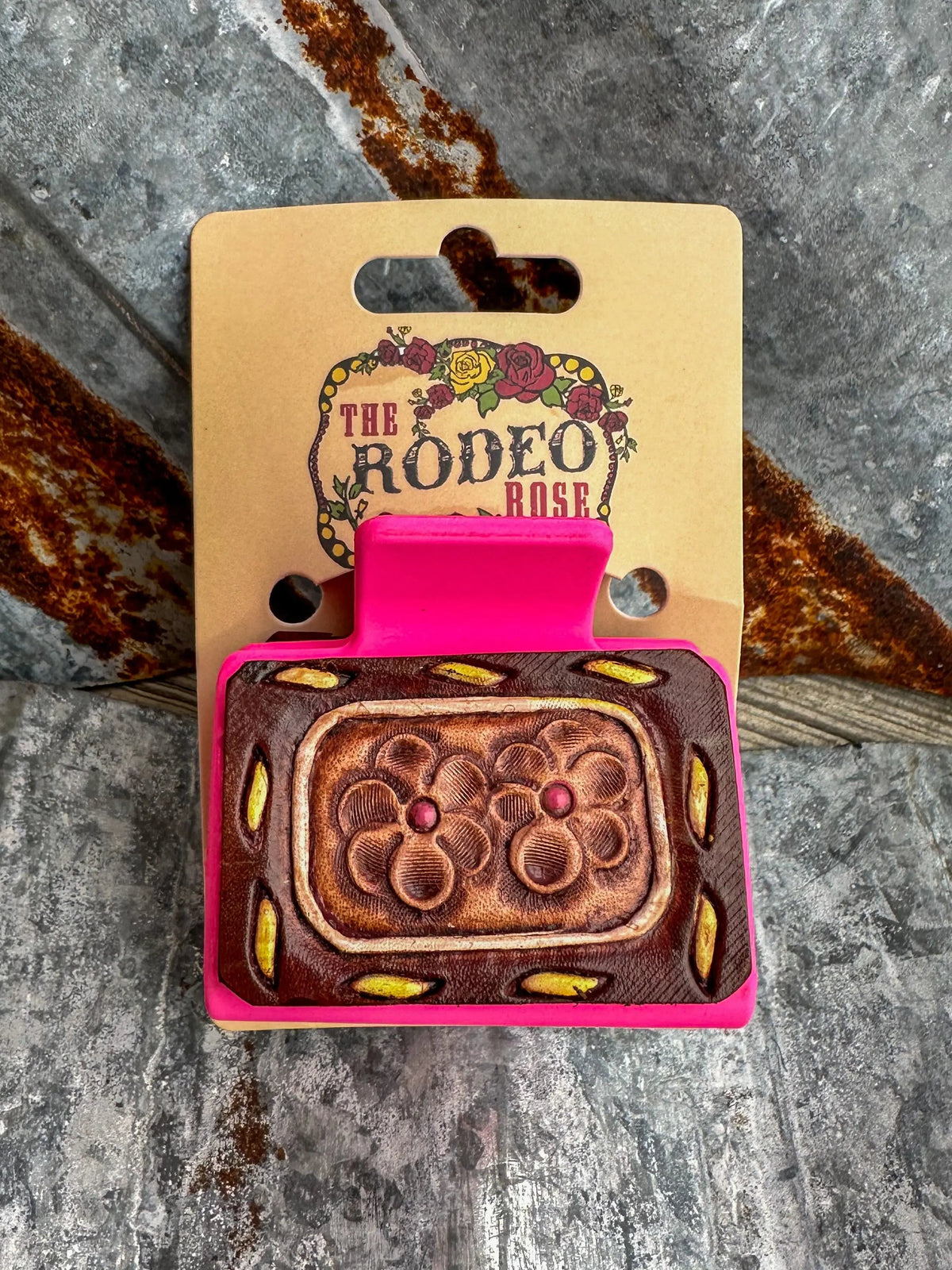 Hand-Tooled Buck Stitch Floral Leather Hair Clip