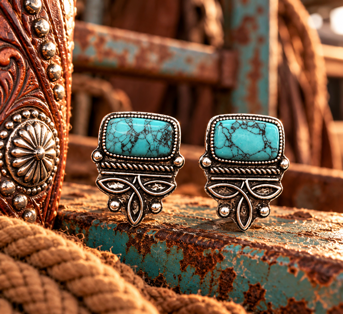 Western Turquoise Boot Stitch Post Earrings