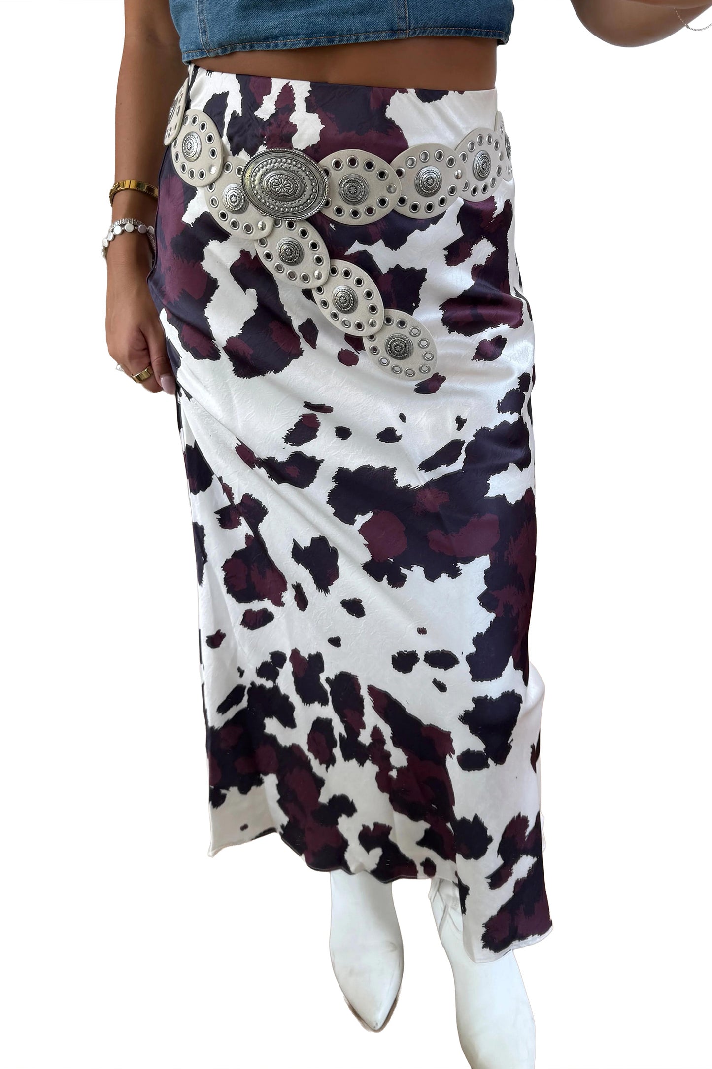 Cow Print Zip-Up Midi Skirt
