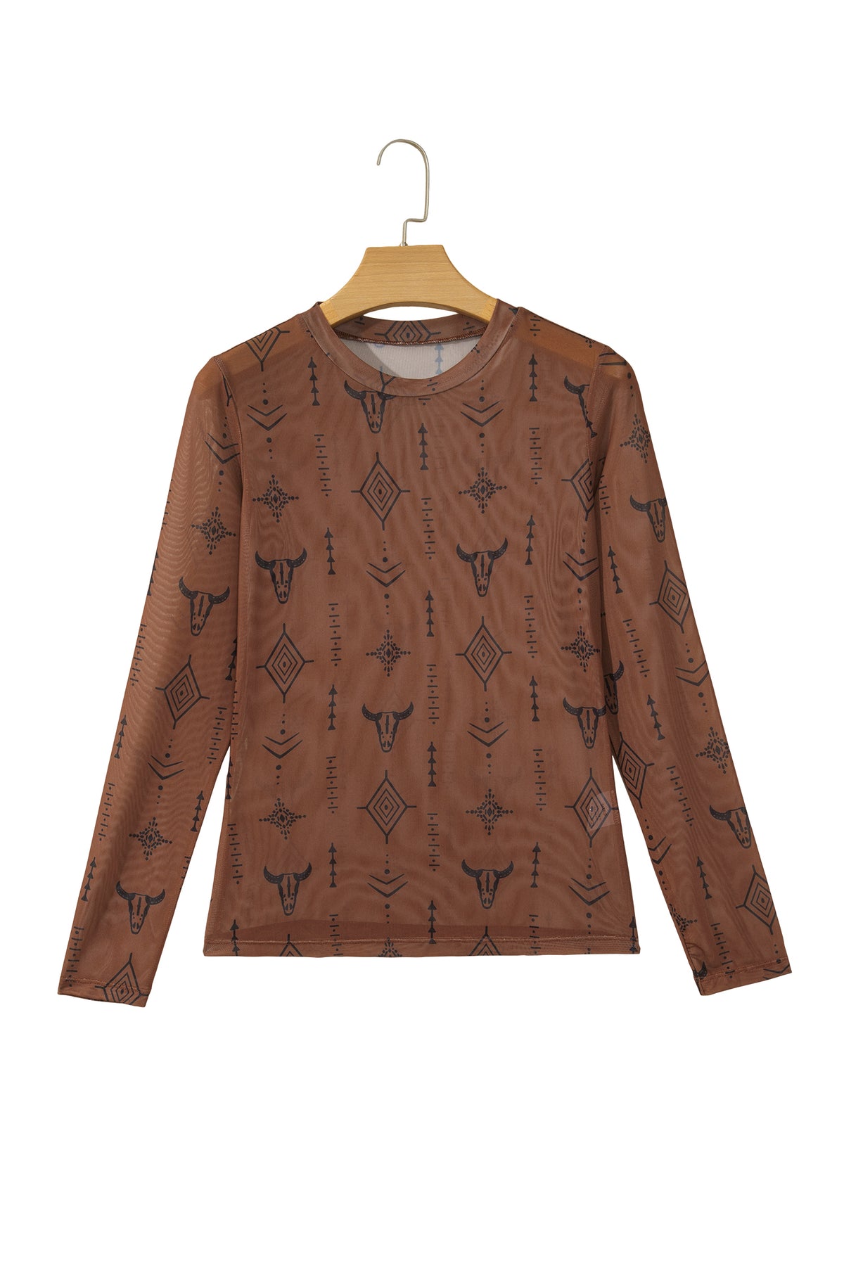 Western Print Sheer Mesh Long Sleeve Top