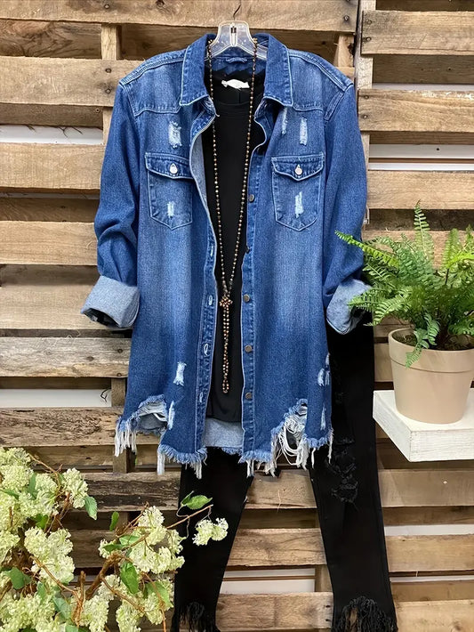 Womens Distressed Denim Shacket