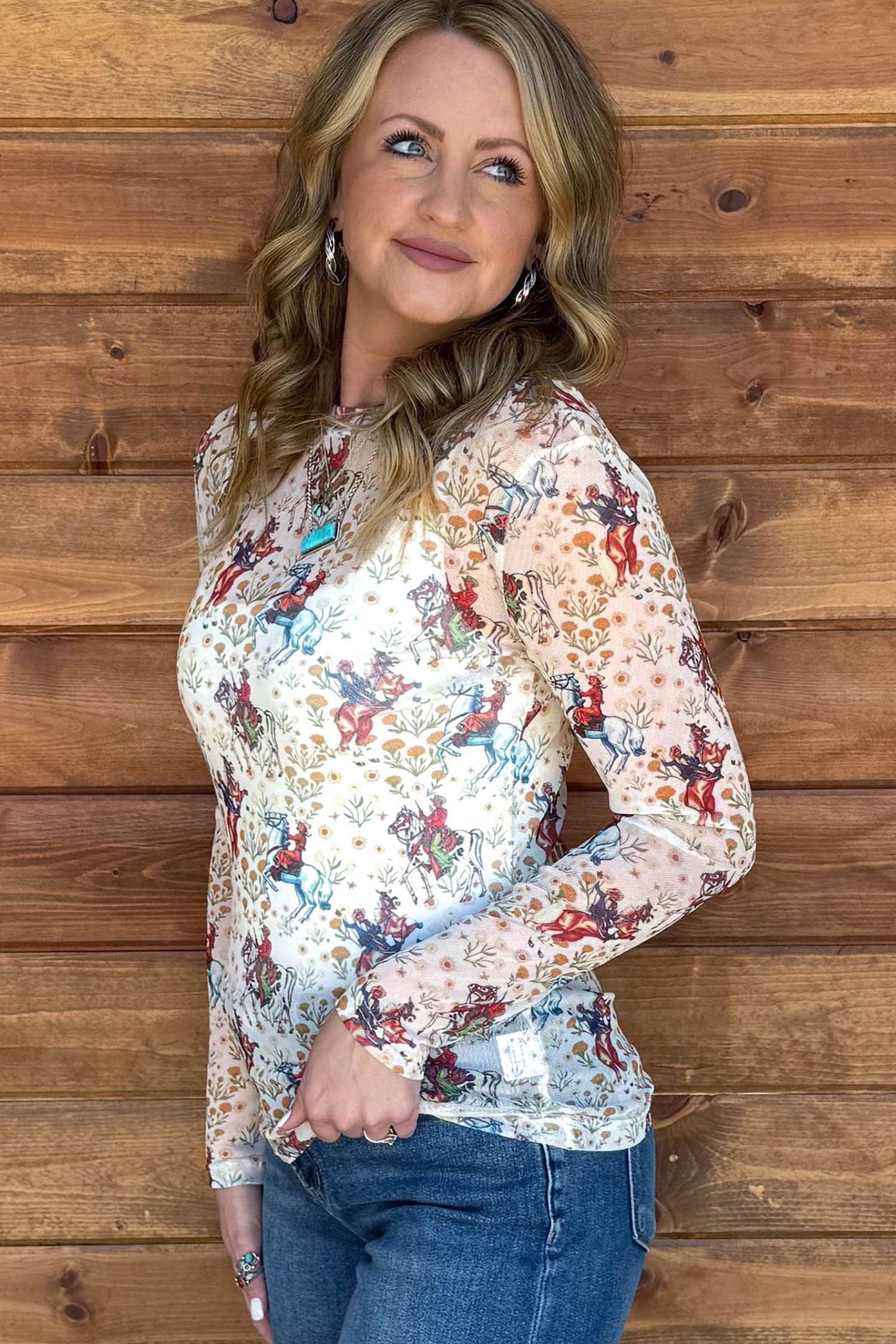 Brown Western Cowboy Floral Print Sheer Mesh Long Sleeve Top