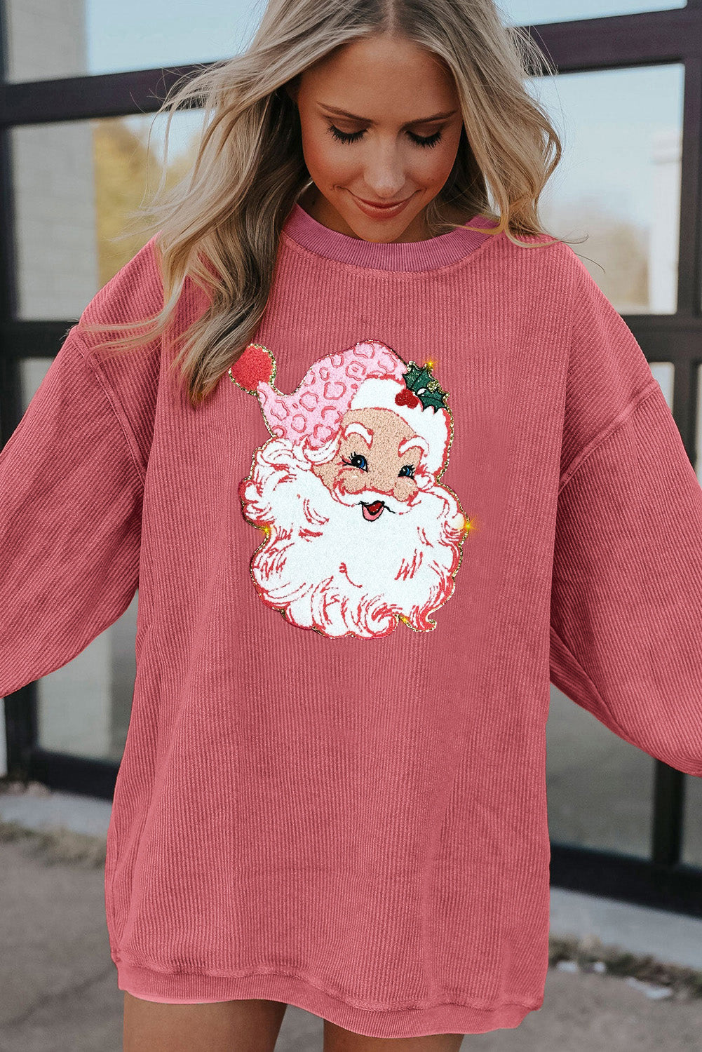 Strawberry Pink Santa Claus Sparkle Corded Crew Neck