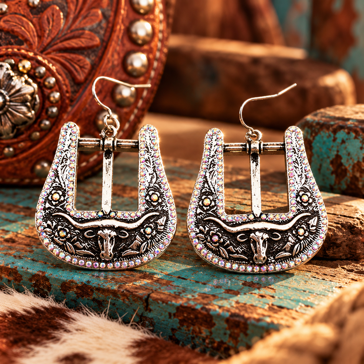 Western AB Steerhead Belt Buckle Earrings