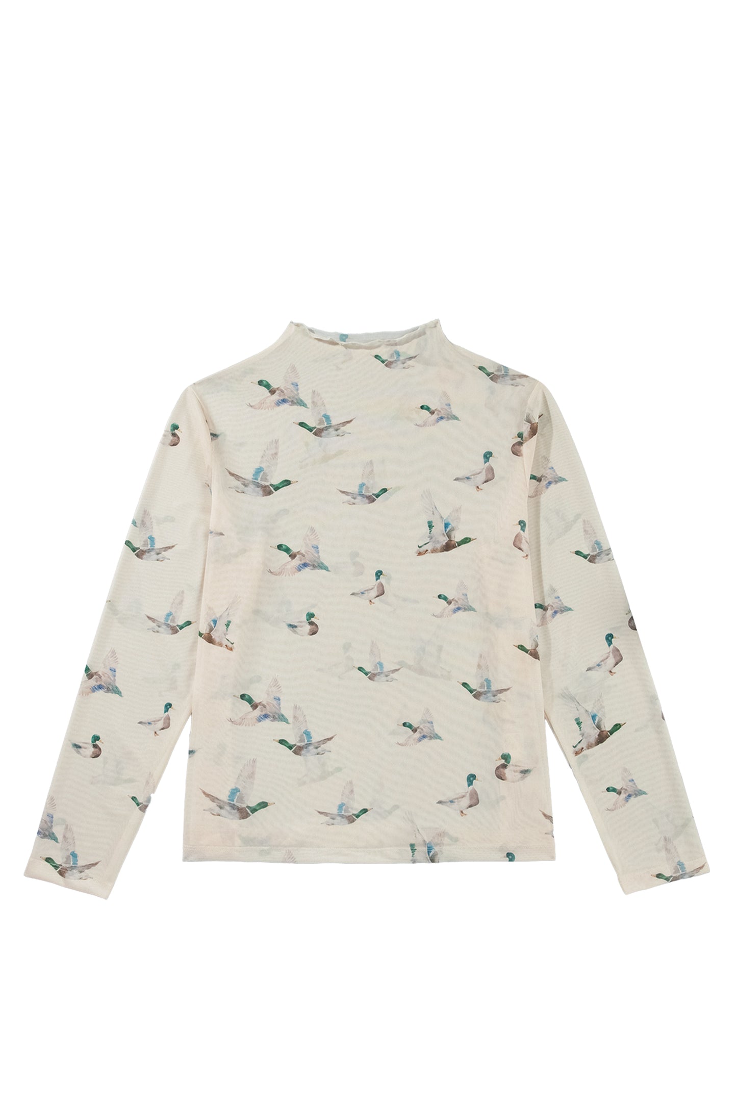 Beige Duck Print Mesh Long Sleeve Tunic Blouse 1X–4X