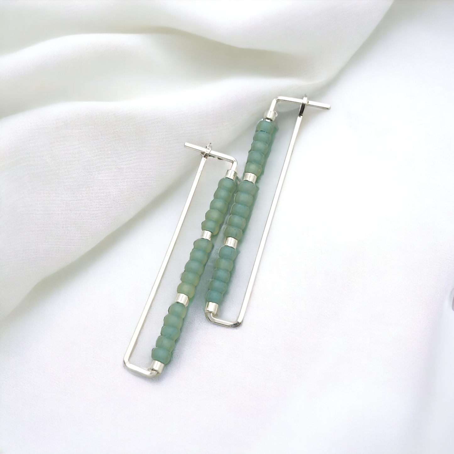 Rectangle Silver Earrings with Sea Glass Color Seed Beads