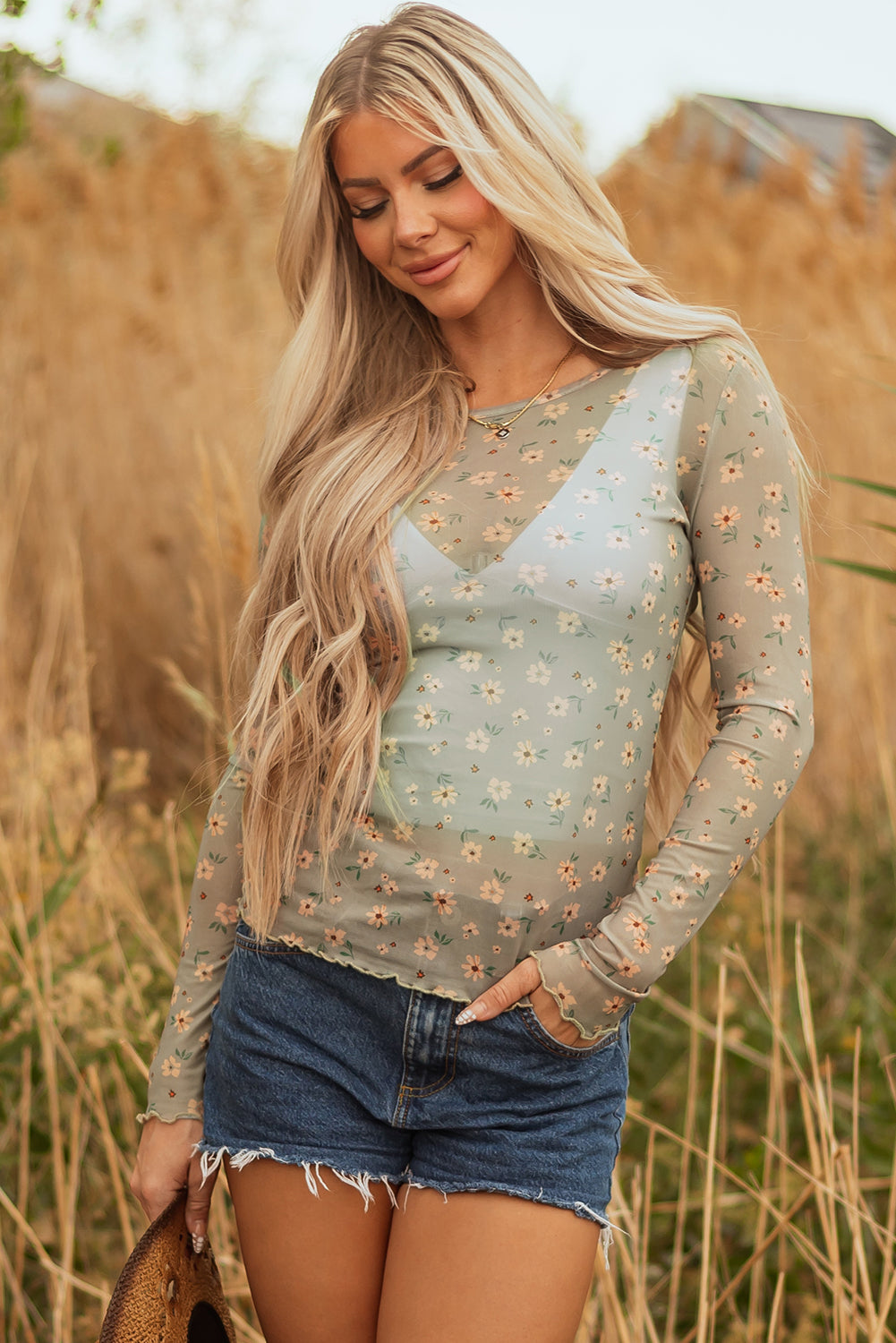 Vintage Floral Print Mesh Long Sleeve Top