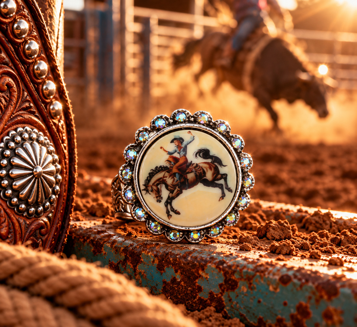 Western Round AB Stone Portrait Cuff Ring