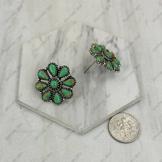 ER221015-08-GREEN Small silver and green turquoise stone floral concho post Earring