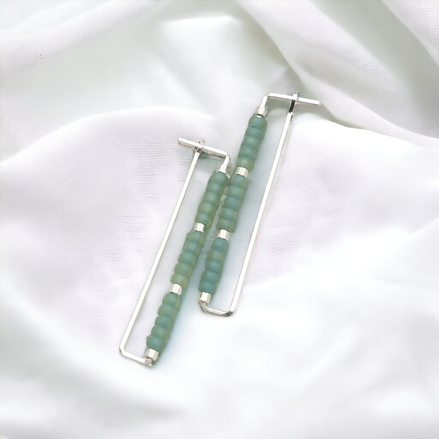 Rectangle Silver Earrings with Sea Glass Color Seed Beads