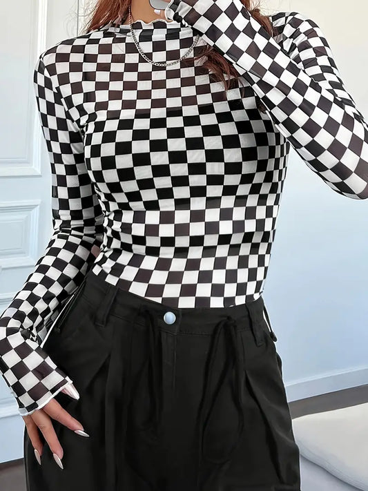 Long Sleeve Mesh Checkerboard Crewneck