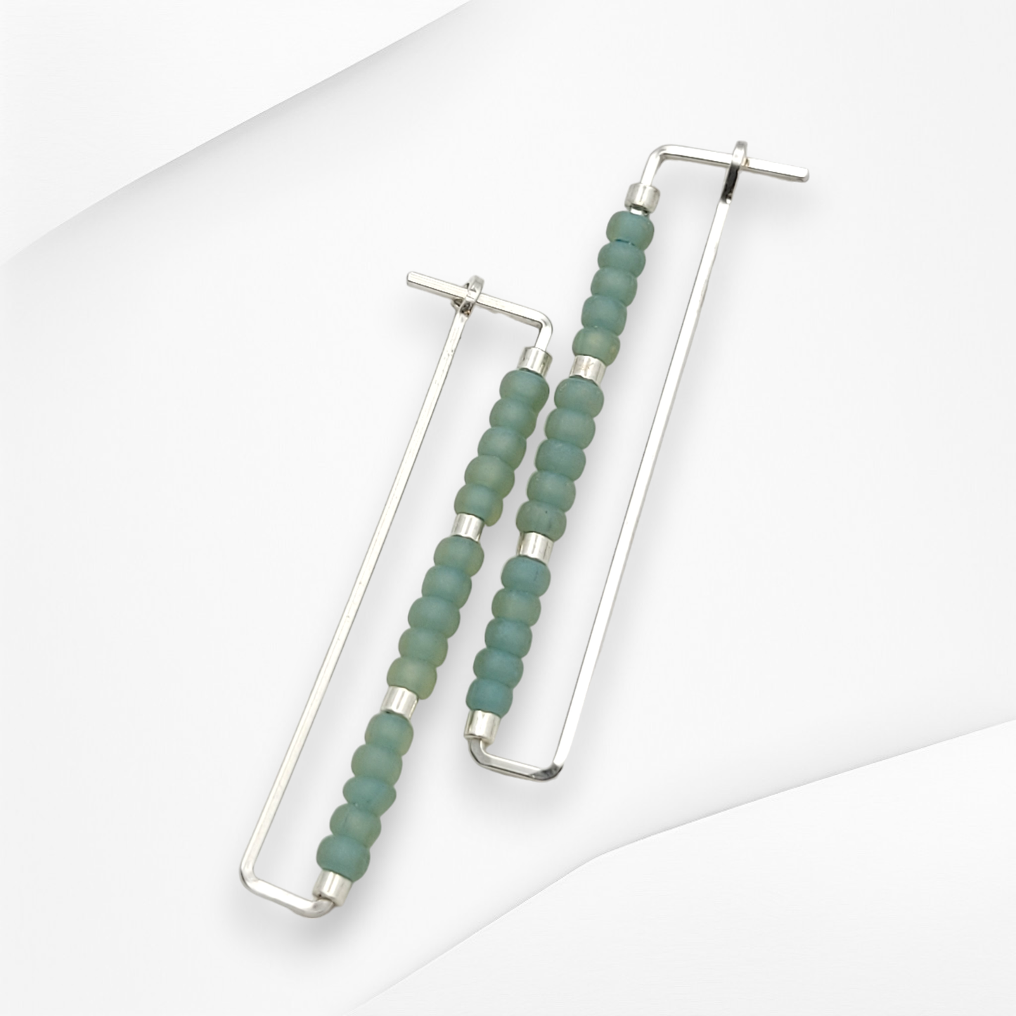 Rectangle Silver Earrings with Sea Glass Color Seed Beads